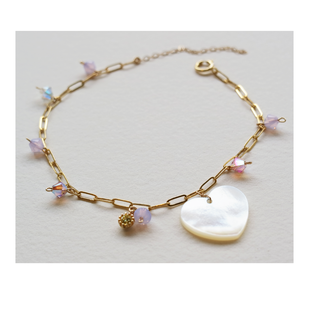 Mother of pearl heart - Pink Swarovski crystal beads 14k Gold filled bracelet