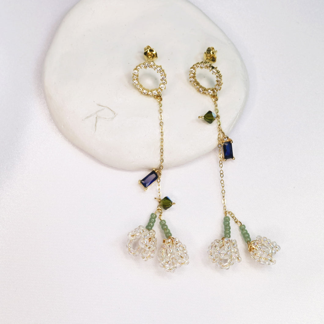 Small white flower pendant earring 14k Gold filled chain ear studs