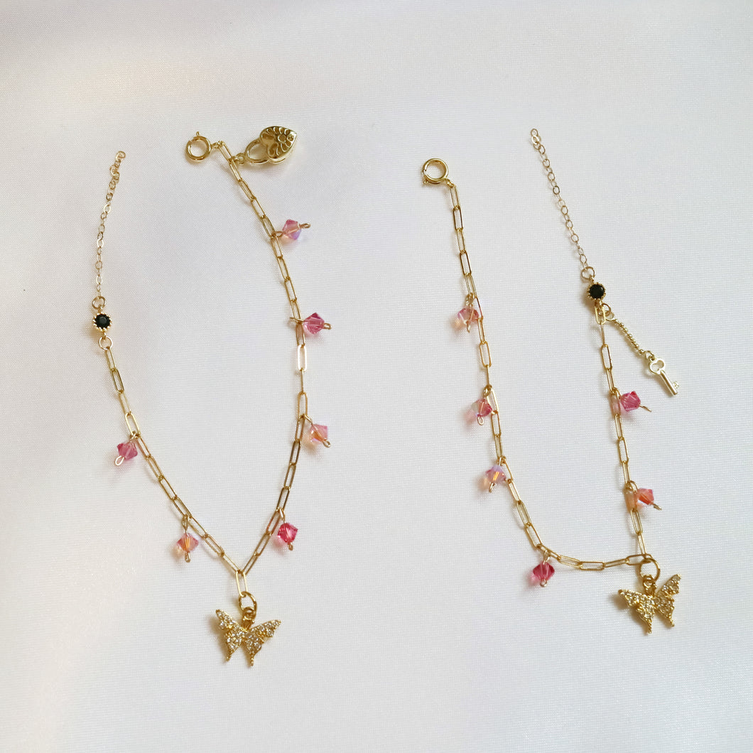 [One pair] Pink rose garden sisters - 14k Gold filled chain bracelet with Swarovski crystal beads