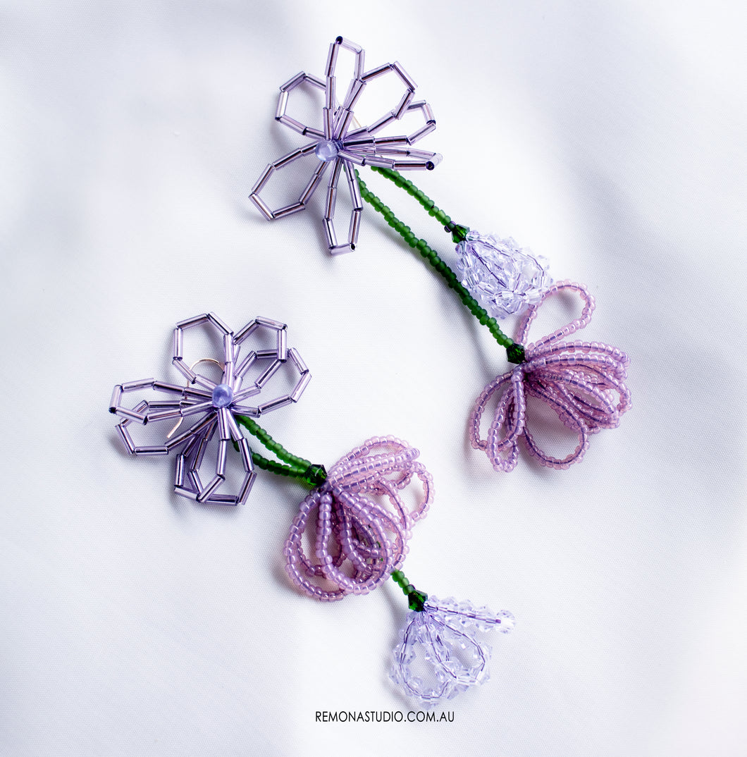 Purple flowers in the wind beaded earrings - 14k GF hooks