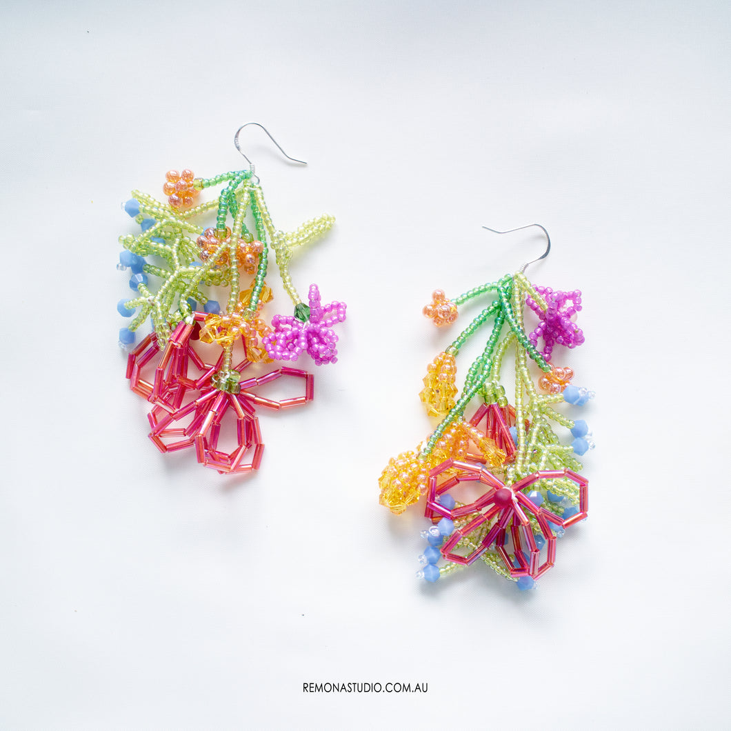 Summer colourful joy flowers beaded earrings with 925 silver hooks