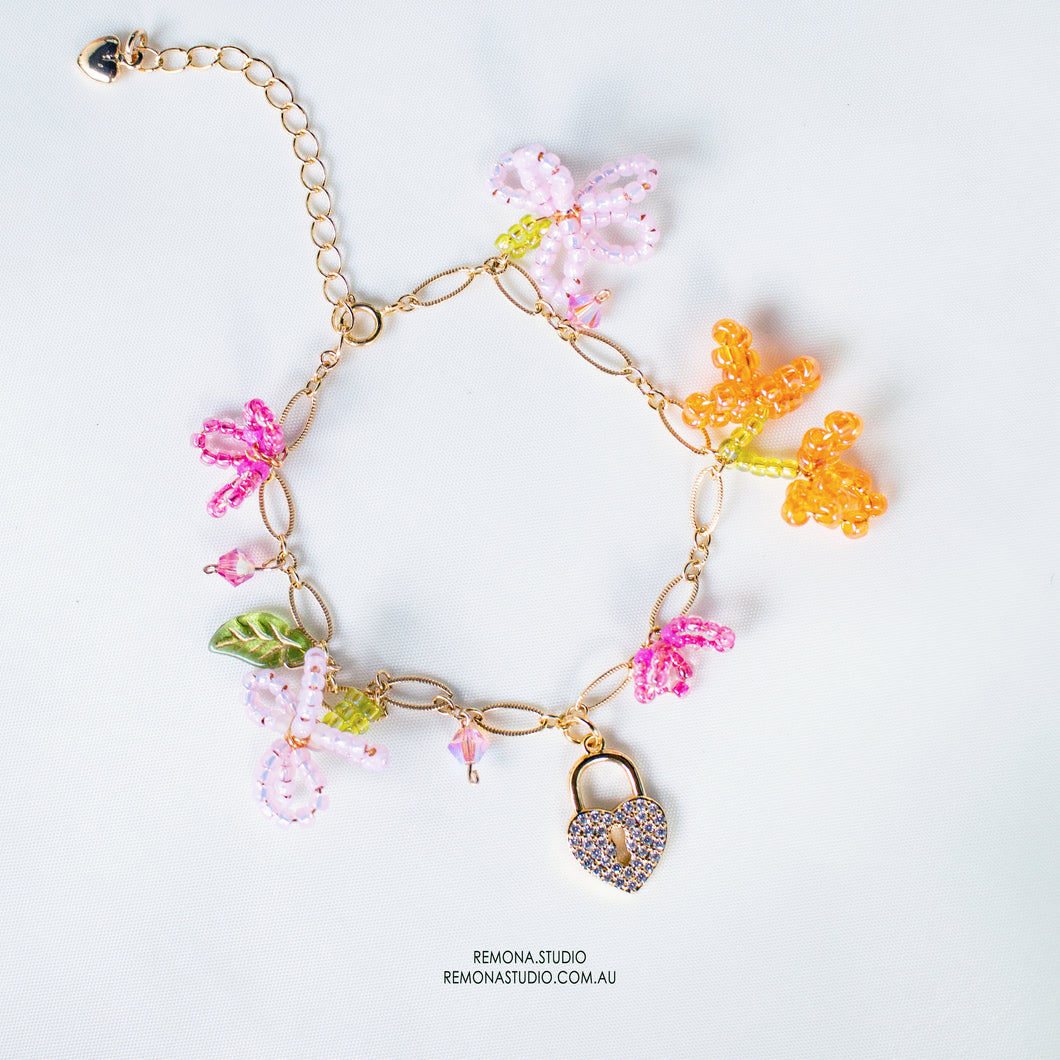 The Secret Garden - Pink orange flowers - 14k Gold filled Bracelet