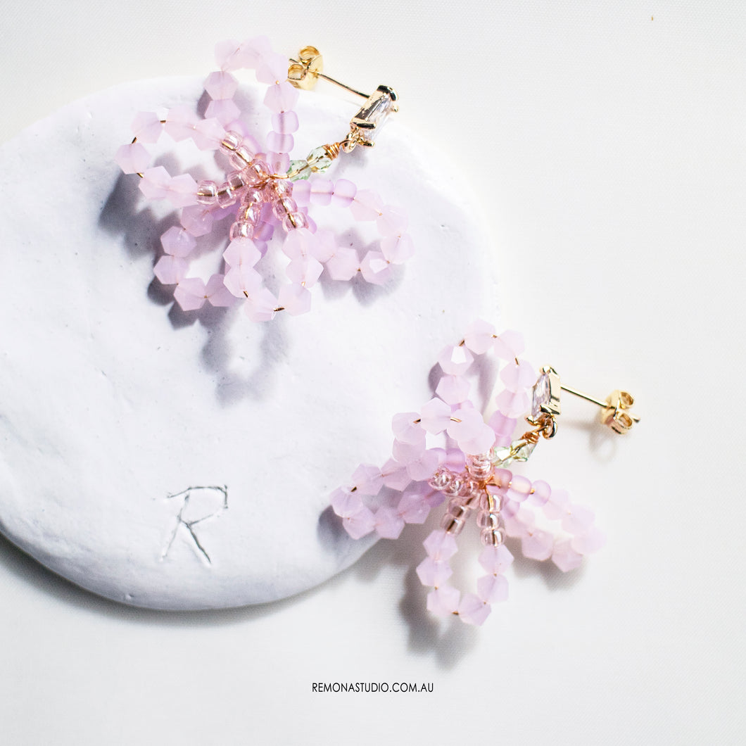 Peach blossom beaded pink flower earrings with 925 silver studs