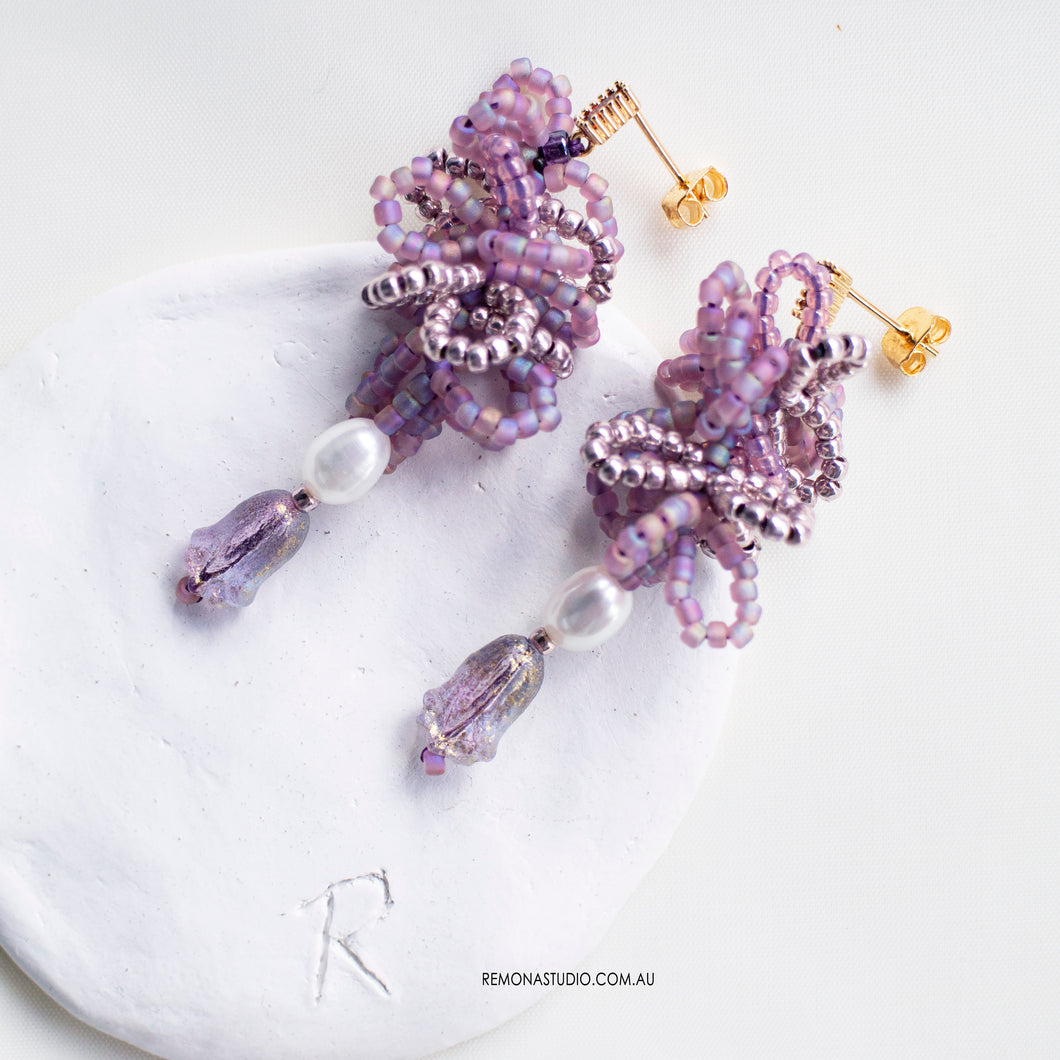 Purple beads pearl earrings with 925 silver studs