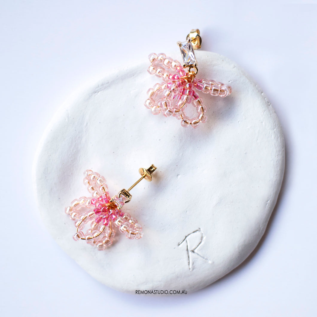 Cherry blossom beaded pink earrings with 925 silver earring studs