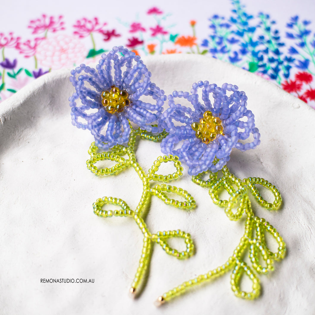 Blue Daisy beaded flower earrings with 925 silver studs
