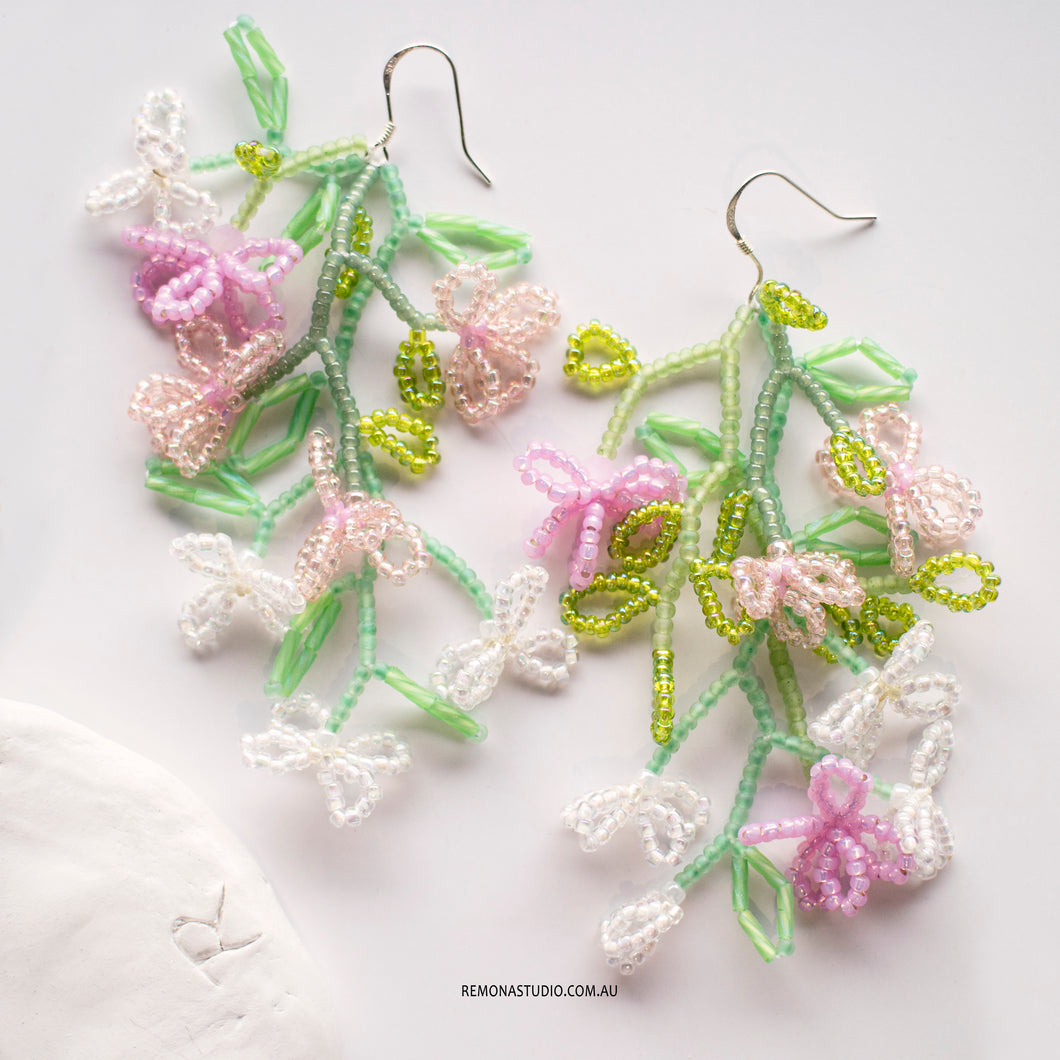 Spring happy flowers- pink and white beaded flowers earrings with 925 silver hooks