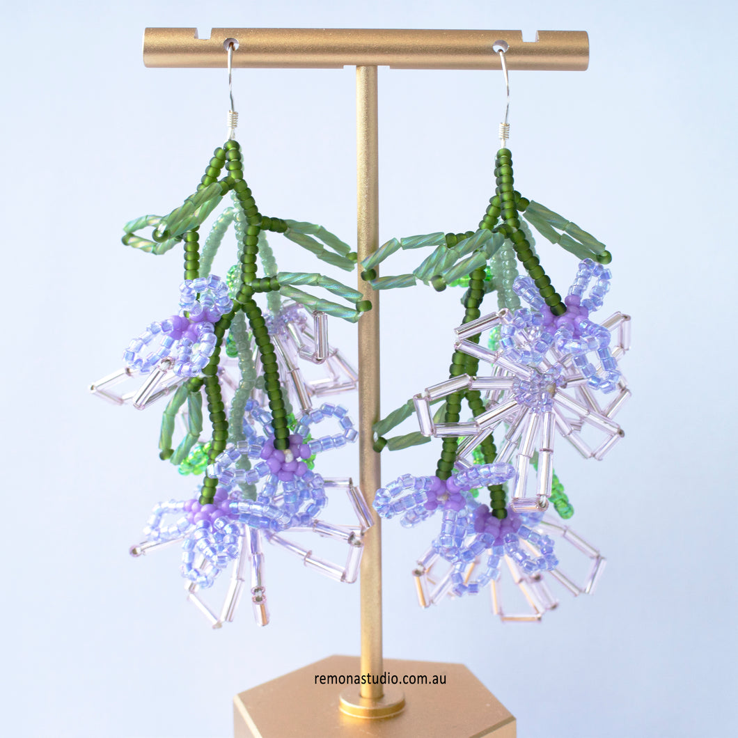 Summer romance - purple flowers beaded earrings with 925 silver hooks
