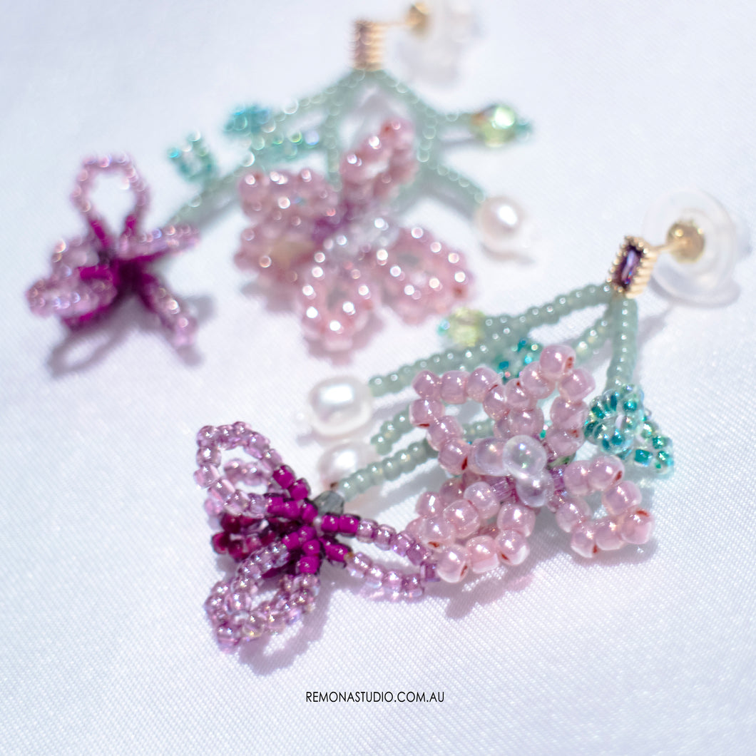 Princess's flowers - beaded pink flowers earring with 925 silver studs
