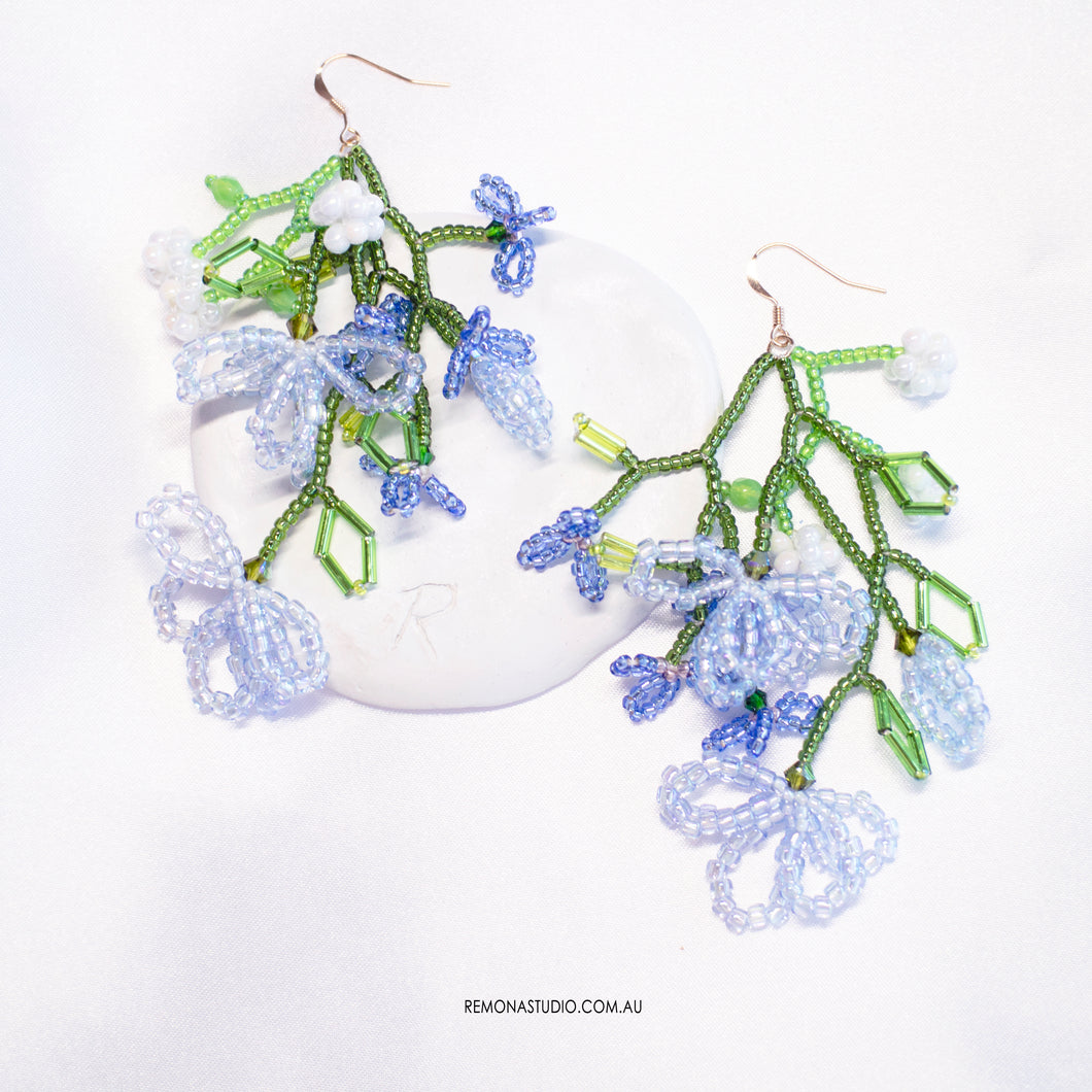 Blue flower lovers - beaded flower earrings with 14kt GF hooks