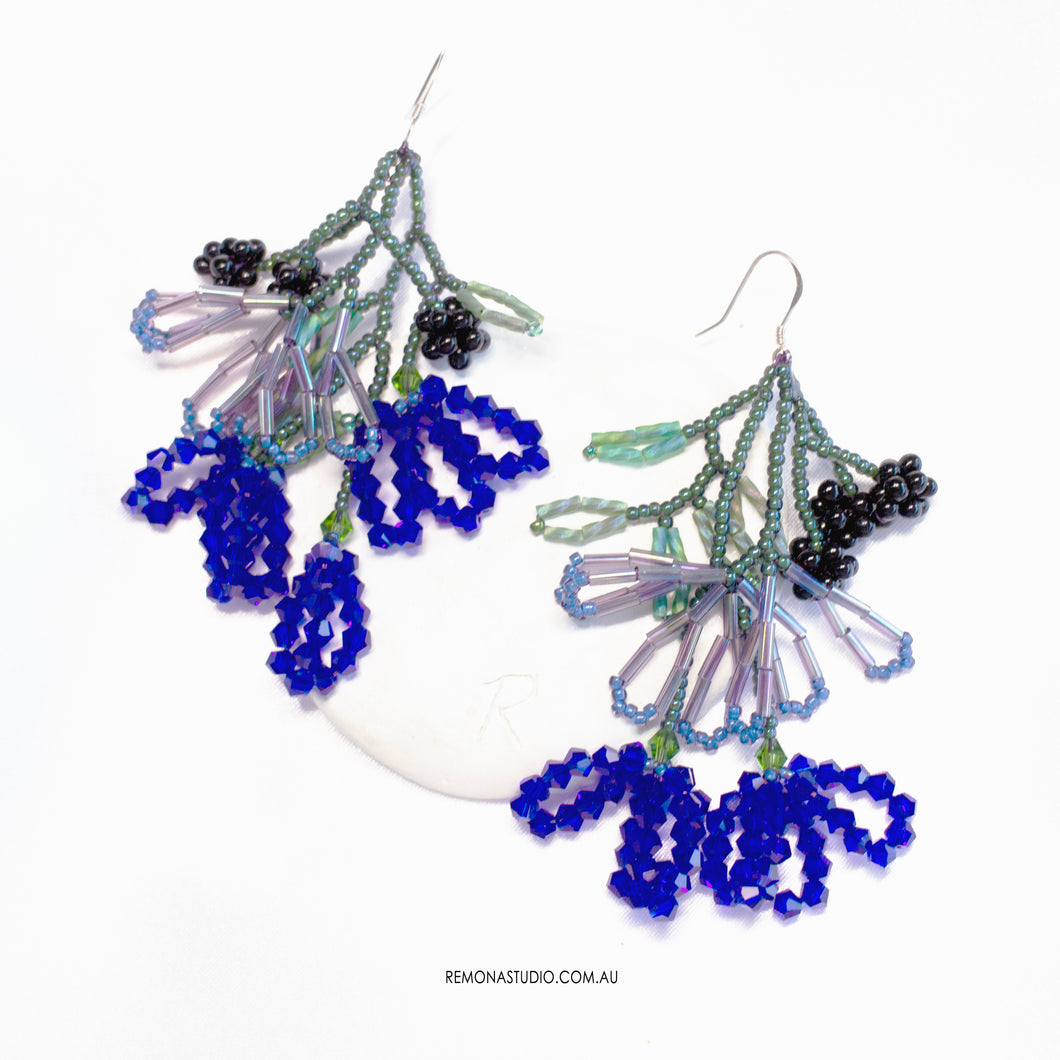 Royal blue flowers - beaded flower earrings with silver hooks