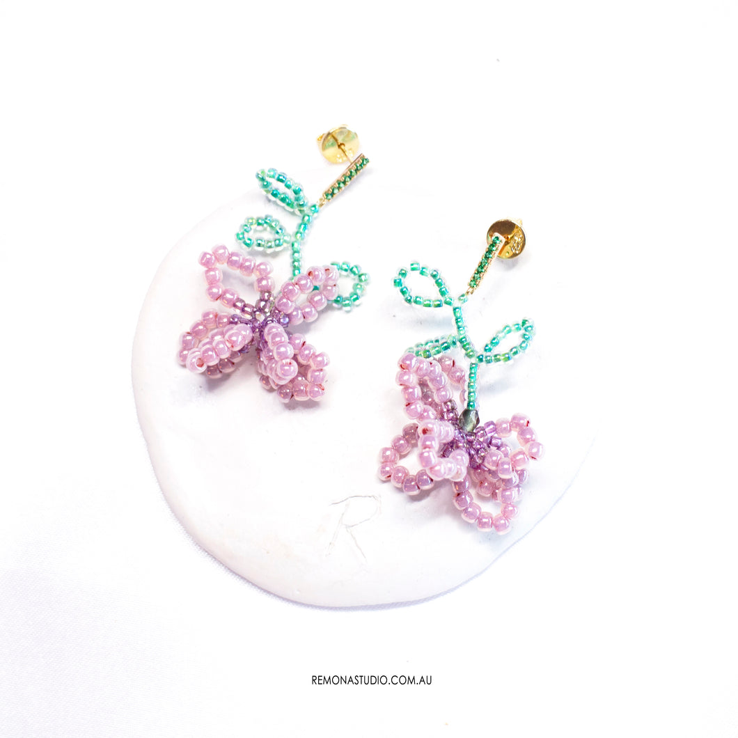 Pink orchid - beaded flower earring studs