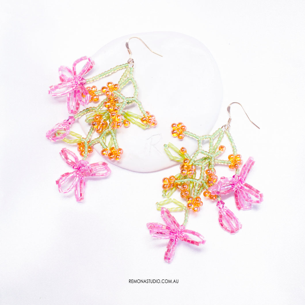 Orange and pink flowers - beaded earrings with 14kt GF hooks