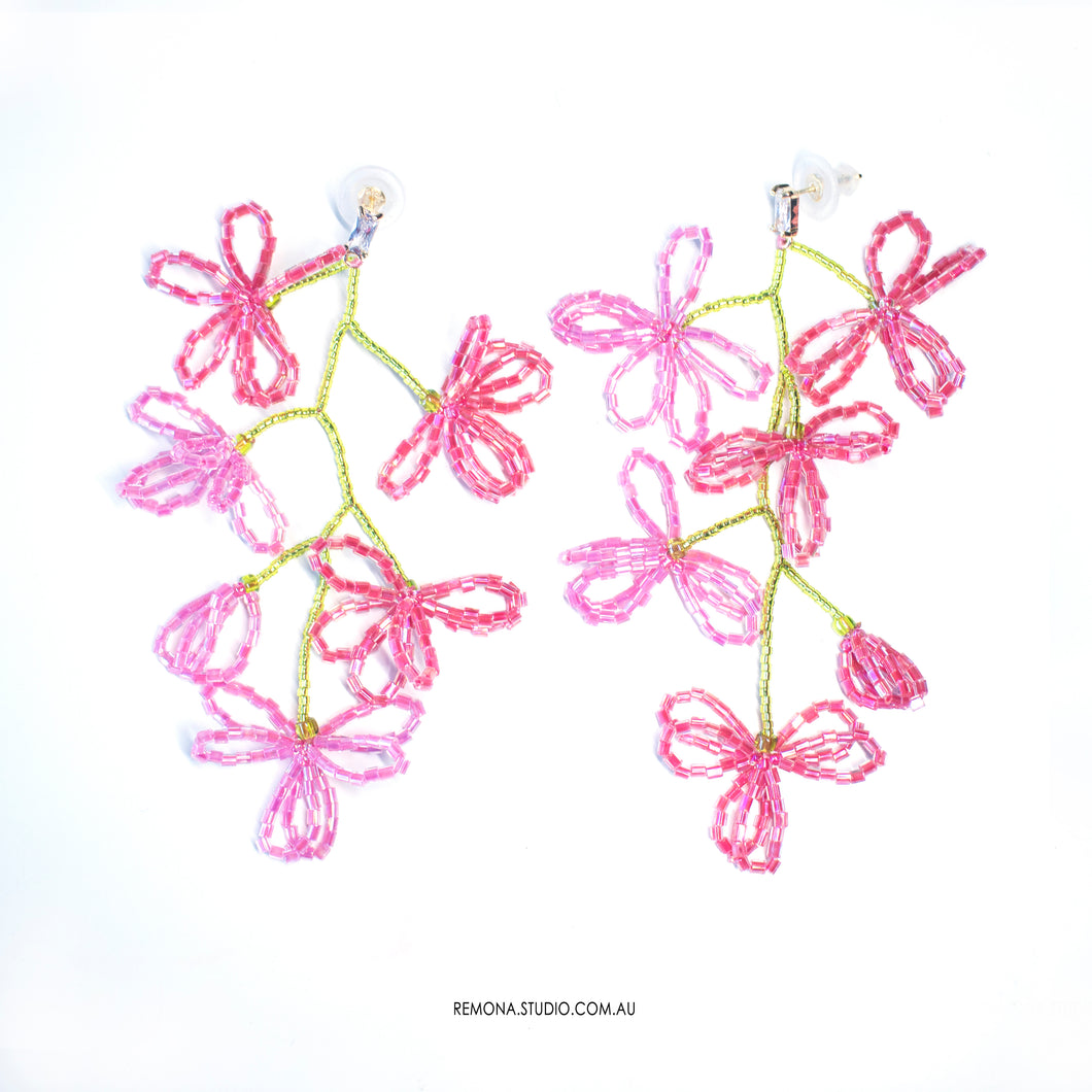 Bright Pink Flowers - beaded earrings with silver studs
