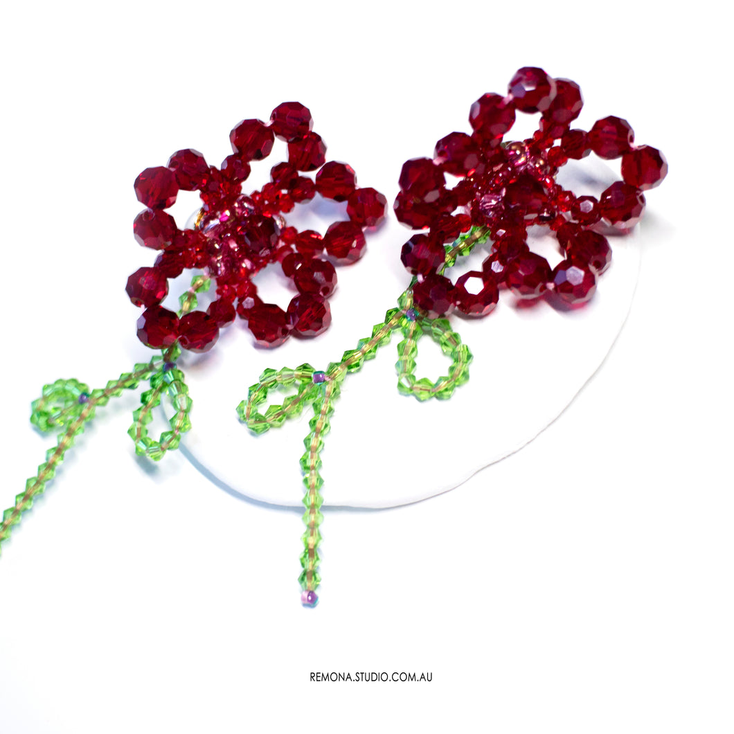 Red flower beaded earrings with 925 silver studs