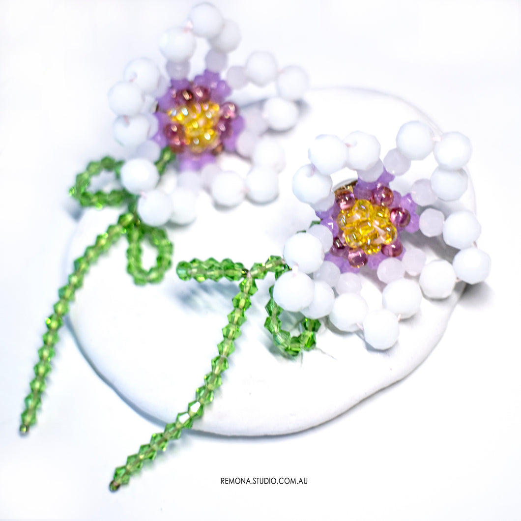 White sun flower beaded earrings with 925 silver studs