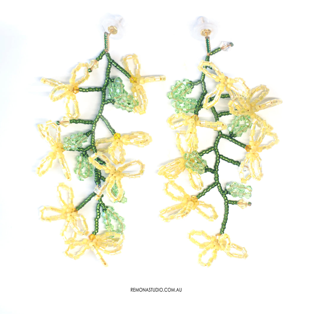 Spring Romance - Yellow flowers beaded earrings with 925 silver studs