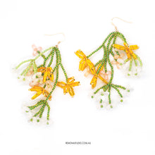 Load image into Gallery viewer, Summer dance yellow and white beaded flower earrings on 14kt gold-filled hooks
