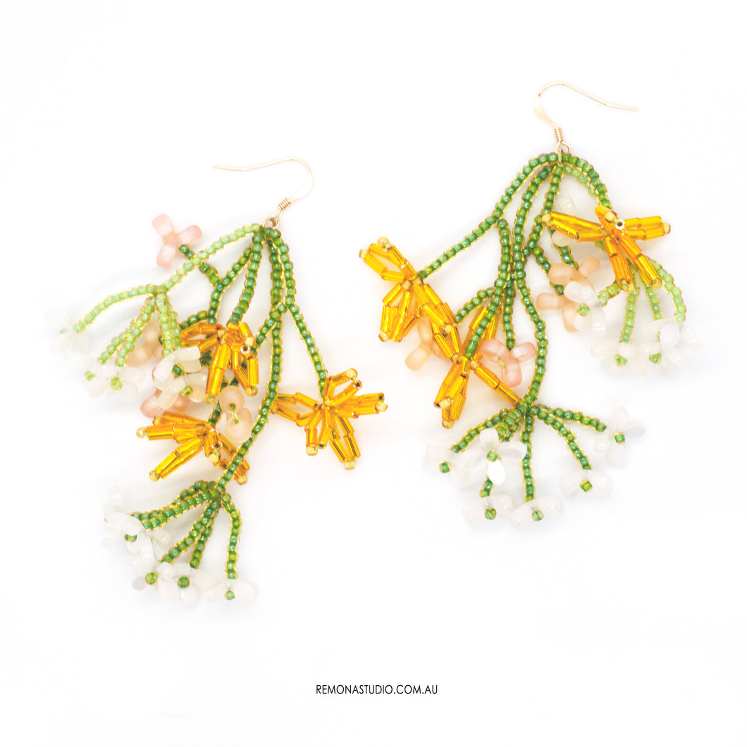 Summer dance yellow and white beaded flower earrings on 14kt gold-filled hooks