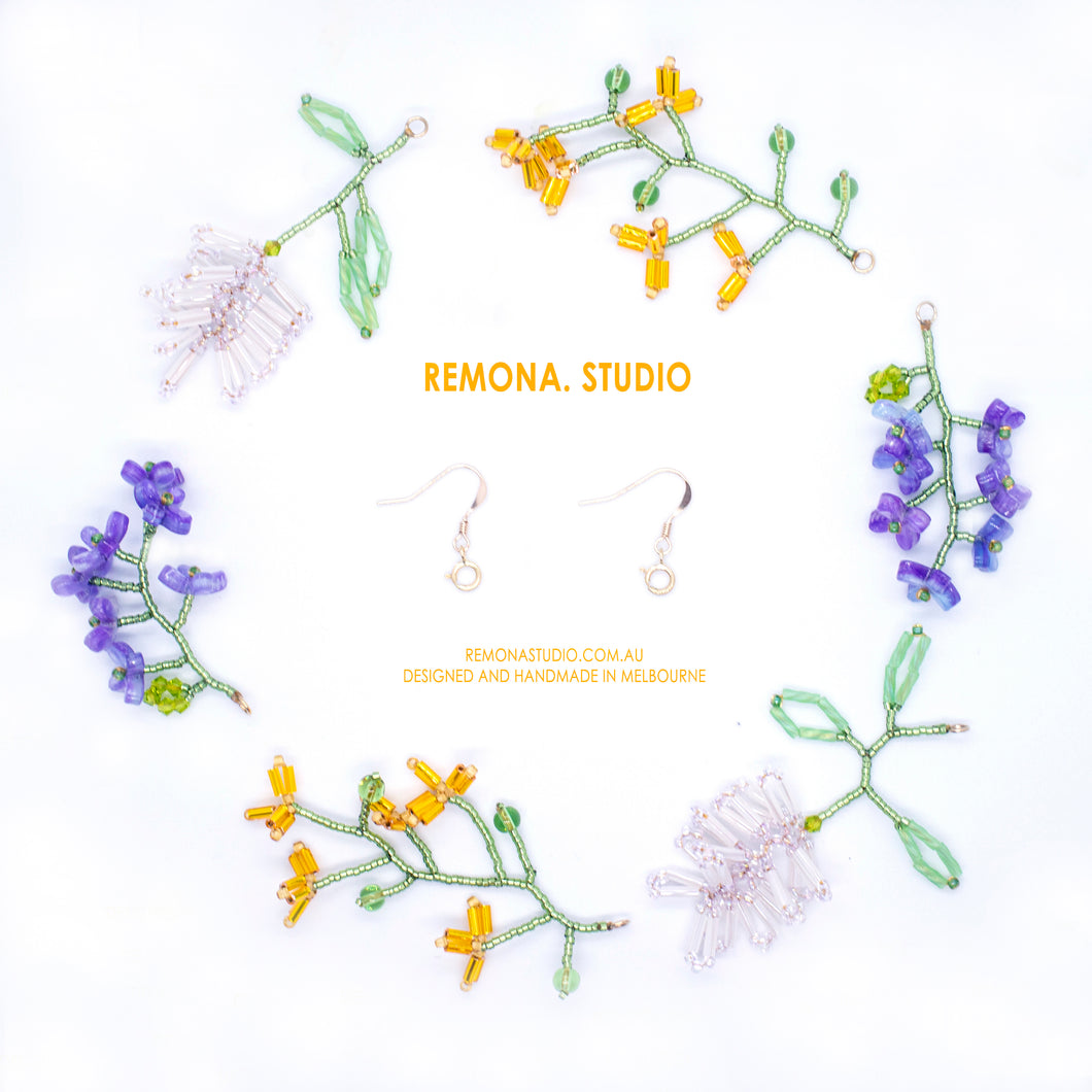 Bouquet for Jasmine - white yellow and purple beaded flower earring set - 14kt GF Hooks
