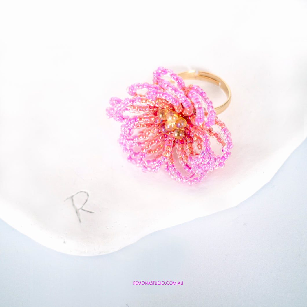Pink Dahlia flower beaded ring