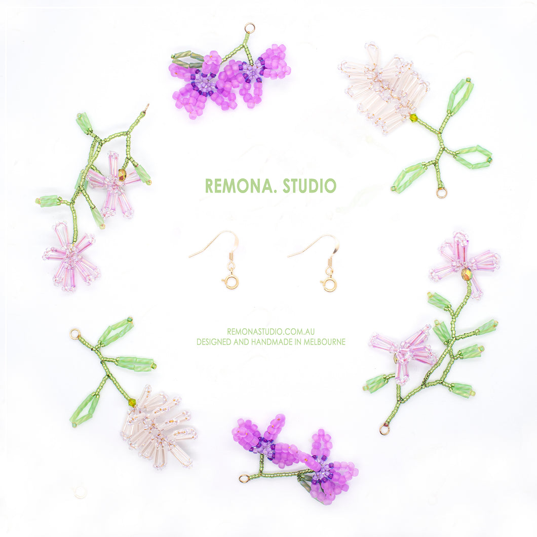 Bouquet for Aurora - pink white beaded flower earring set - 14kt GF hooks