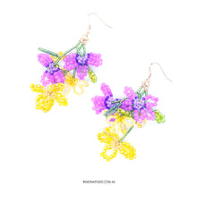 Load image into Gallery viewer, Bouquet for Tiana - pink yellow and purple beaded flower earring set - 14kt GF hooks
