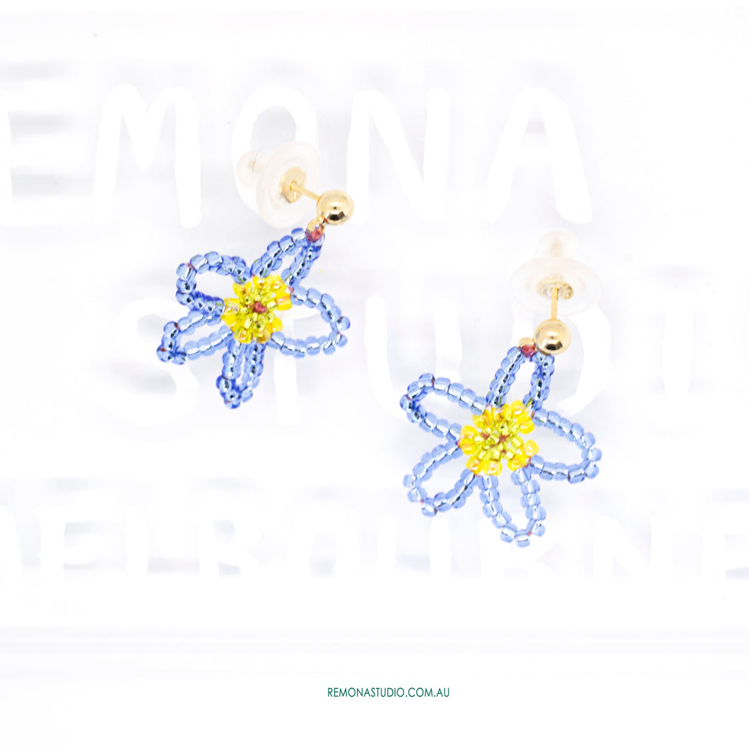 Fun Colour Beaded Flower Earring with 925 silver Studs  - Blue & Yellow