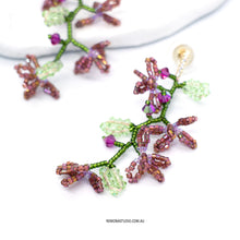 Load image into Gallery viewer, Purple flower chain beaded earrings with gold plated 925 silver studs
