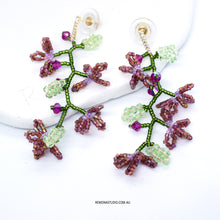Load image into Gallery viewer, Purple flower chain beaded earrings with gold plated 925 silver studs
