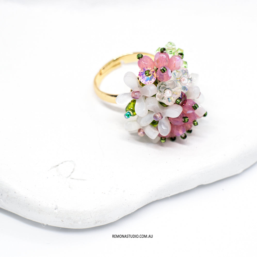 Mini garden white and pink flowers - Gold-plated open ring