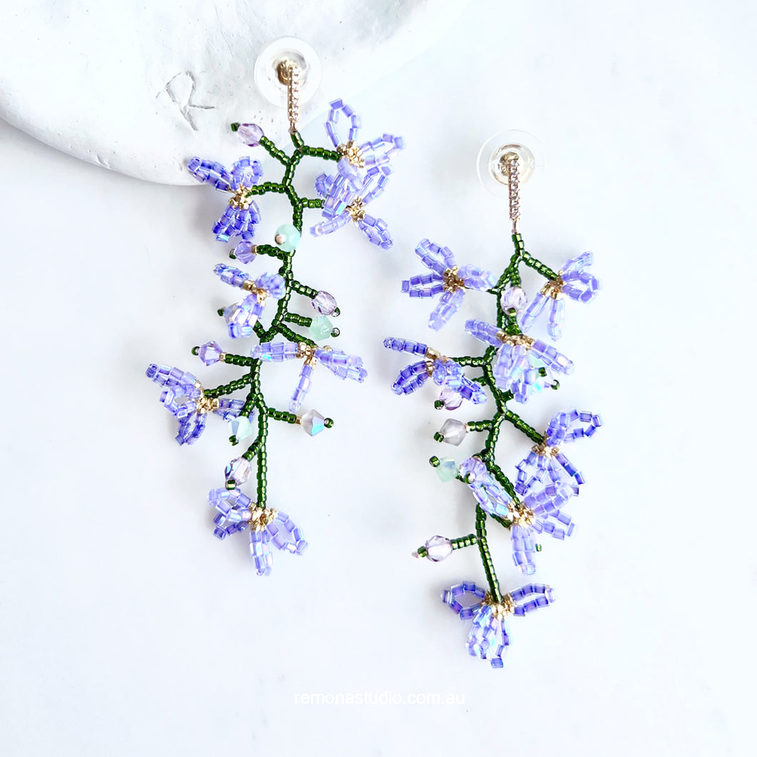 Blue Purple Chain Flower Beaded Earring Studs